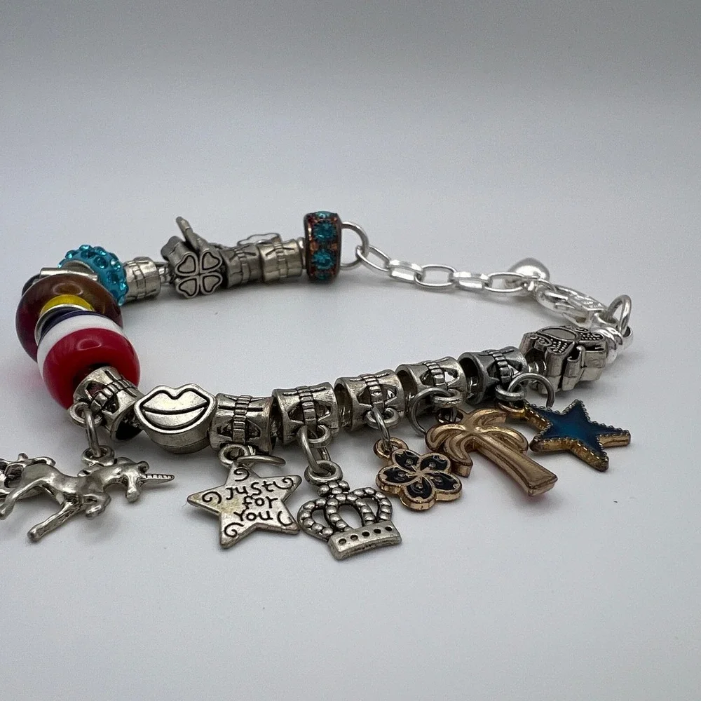 Silver Tone European Charm Bracelet‎ Mixed Glass Beads Rainbow Unicorn